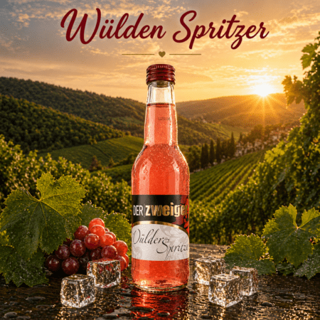 Wülden Spritzer Schilcher in 0,33l Flasche mit Trauben und Eiswürfeln vor Weinbergen der Weststeiermark bei Sonnenuntergang