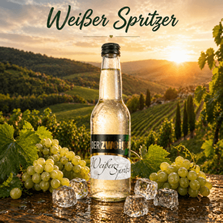 Weißer Spritzer in 0,33l Flasche mit Weintrauben und Eiswürfeln vor idyllischen Weinbergen der Weststeiermark im Abendlicht