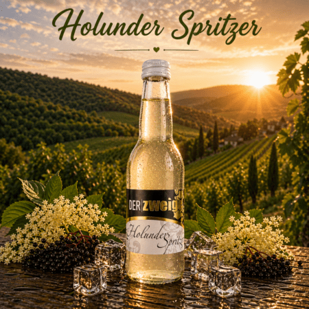 Holunder Spritzer in 0,33l Flasche mit Holunderblüten und Beeren vor Weinbergen der Weststeiermark im goldenen Abendlicht