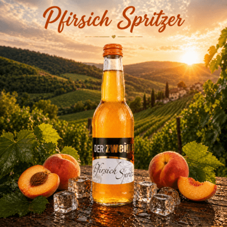 Pfirsich Spritzer in 0,33l Flasche mit frischen Pfirsichen und Eiswürfeln vor Weinlandschaft der Weststeiermark bei Sonnenuntergang
