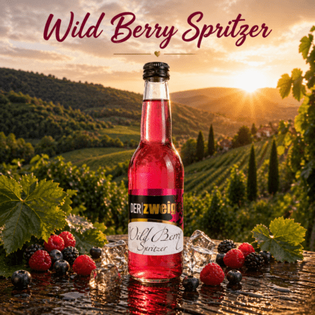 Wild Berry Spritzer in 0,33l Flasche mit Beerenmix und Eiswürfeln vor sonnigen Weinbergen der Weststeiermark