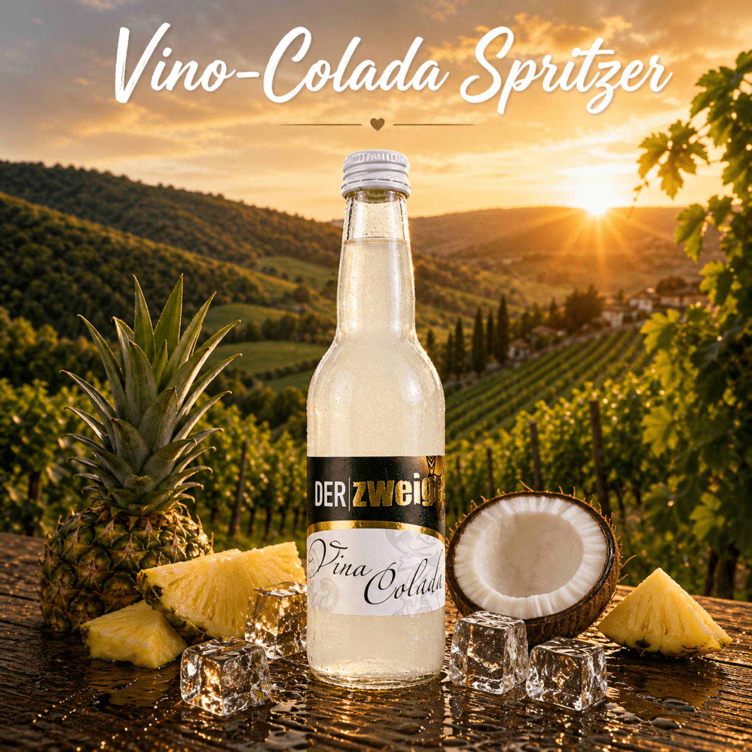 vino_colada_spritzer Vino-Colada Spritzer in 0,33l Flasche mit Kokosnuss und Ananas vor tropischer Weinbergkulisse der Weststeiermark im Abendlicht