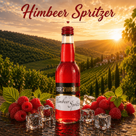 Himbeer Spritzer in 0,33l Flasche mit frischen Himbeeren und Eiswürfeln vor sonnigen Weinbergen der Weststeiermark