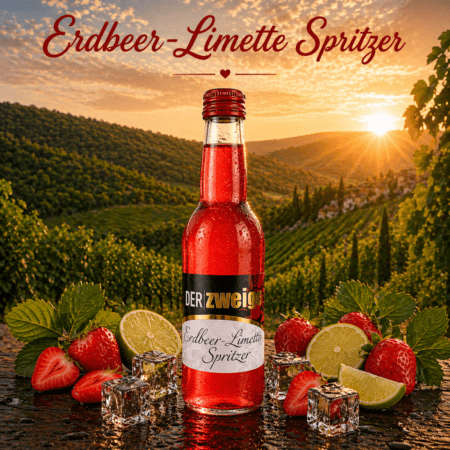 Erdbeer-Limetten Spritzer in 0,33l Flasche mit frischen Erdbeeren, Limetten und Eiswürfeln vor Weinbergen der Weststeiermark im Sonnenuntergang
