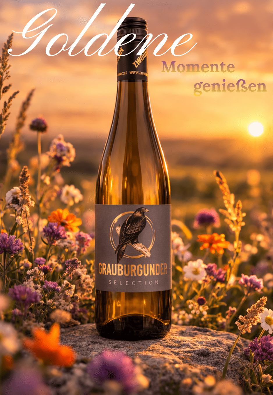 steirischer-grauburgunder Ein eleganter steirischer Grauburgunder steht in einer blühenden Wiese im warmen Licht des Sonnenuntergangs.