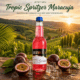 Tropic Spritzer Maracuja Flasche 0,33l in tropischer Szene mit Maracujas und Eiswürfeln vor Weinbergen der Weststeiermark bei Sonnenuntergang